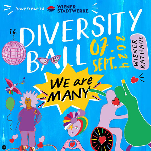 Design Diversity Ball Plakat 2024, hellblauer Hintergrund mit vielen Figuren, unter anderem zwei Hände die ein Herz formen, eine Figur die im Rollstuhl sitzt, dabei ist auf einem Rollstuhl-Rad ein Herz gemalt; auf dem Plakat steht "Diversity Ball" das Datum und das Motto "We are many" (deutsch: Wir sind viele).
