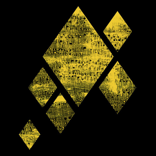Design Musik in mir von VOI fesch Künstler Heribert Moises: schwarzer Hintergrund mit gelben Quadraten die Noten in schwarzer Farbe enthalten, ohne Text