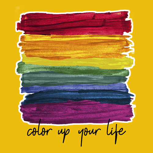 Design Color Up (deutsch: Ausmalen) von VOI fesch Künstlerin Andrea Meija Rocha: bunte Pinselstriche übereinander, darunter der Text "color up your life" (deutsch: mach dein Leben bunter)