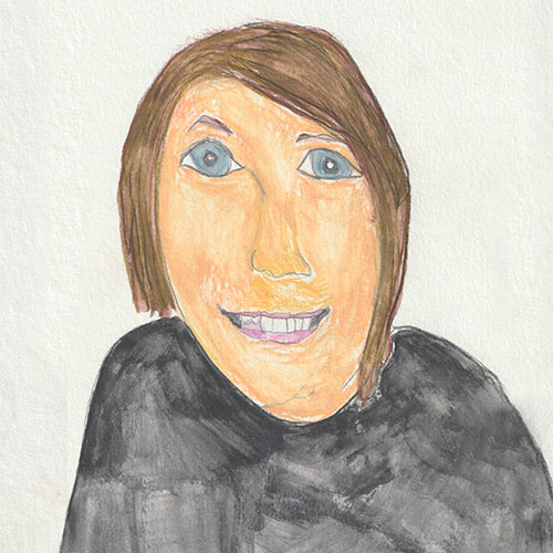 Gezeichnetes Portrait von Elisabeth Rapp, entworfen von der Künstlerin Iris Kopera: Sie hat kinnlange, braune Haare, blaue Augen und lächelt, sie hat eine helle Hautfarbe