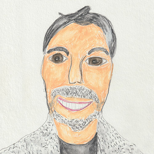 Gezeichnetes Portrait von Helmuth Stöber, entworfen von der Künstlerin Iris Kopera: Er hat kurze dunkle Haare, dunkle Augen, trägt einen Vollbart und lächelt, er hat eine helle Hautfarbe
