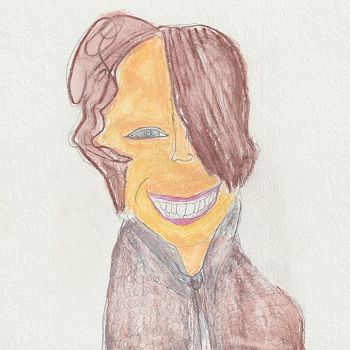 Gezeichnetes Portrait von Marlene Schaufler, entworfen von der Künstlerin Iris Kopera: Sie hat wangenlange, rot-braune Haare die leicht gewellt sind, blau-graue Augen und lächelt, sie hat eine helle Hautfarbe